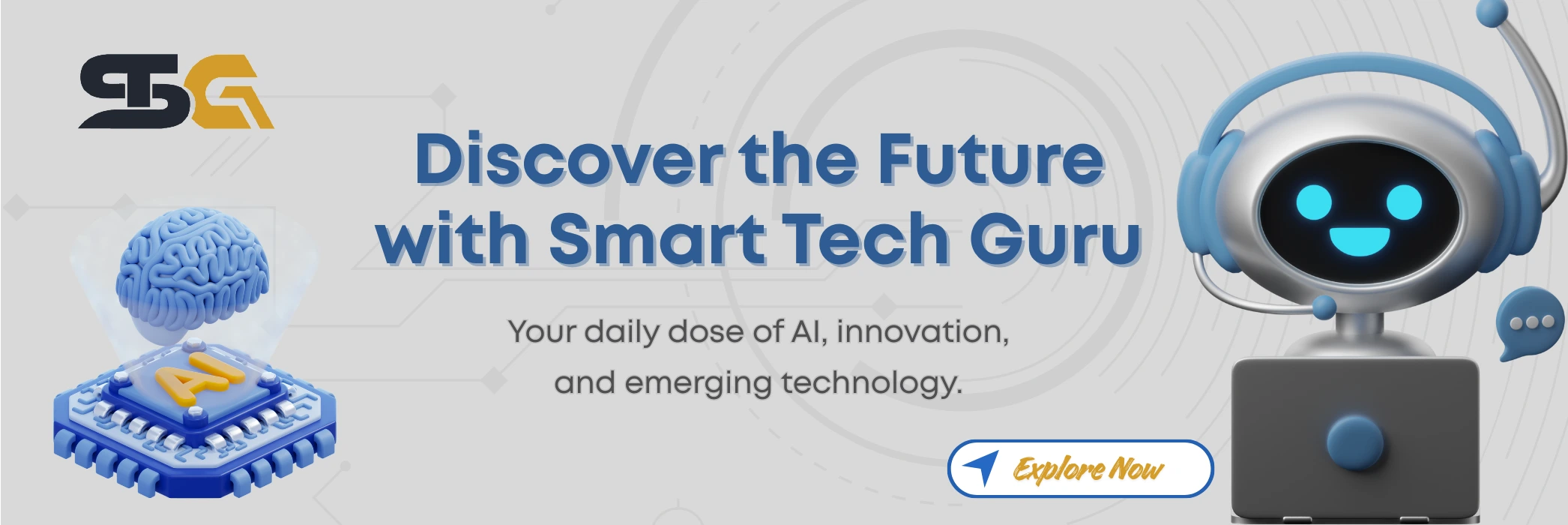 Smart Tech Guru banner showing innovation, AI, and future technology trends
