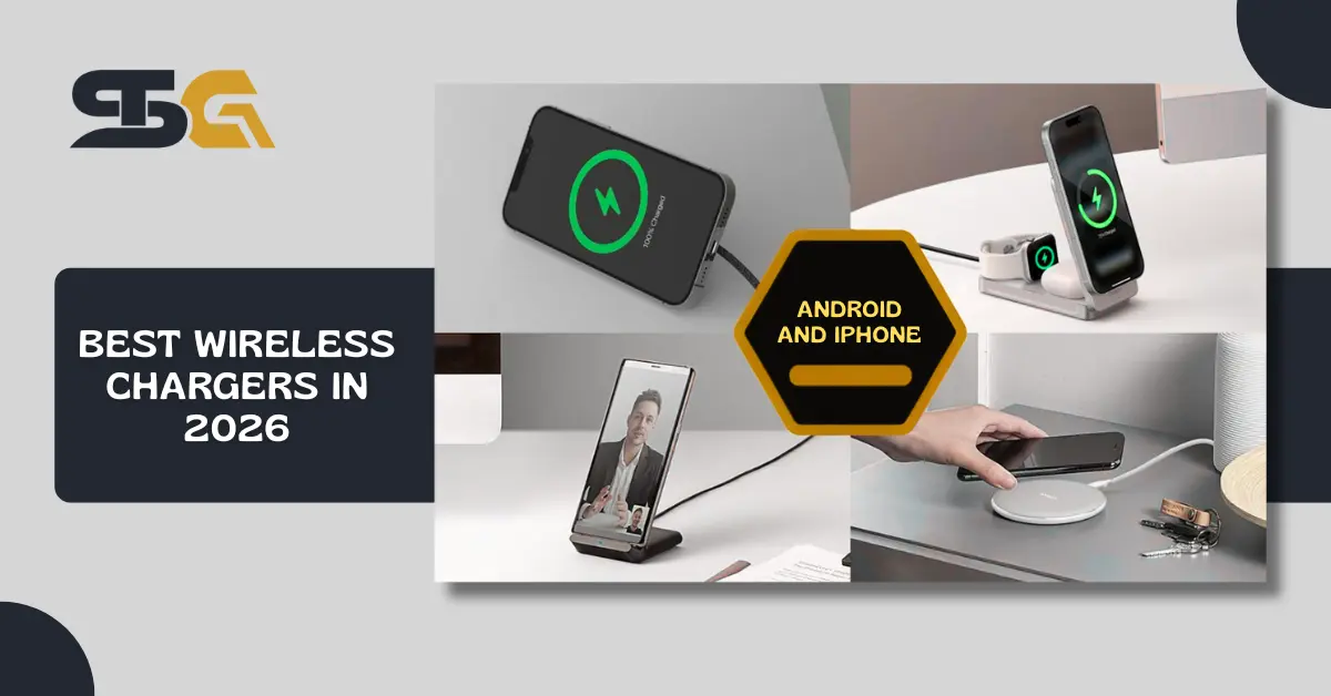 Selection of wireless chargers for Android and iPhone showing pads, stands, and multi-device stations, highlighting the best wireless chargers of 2026
