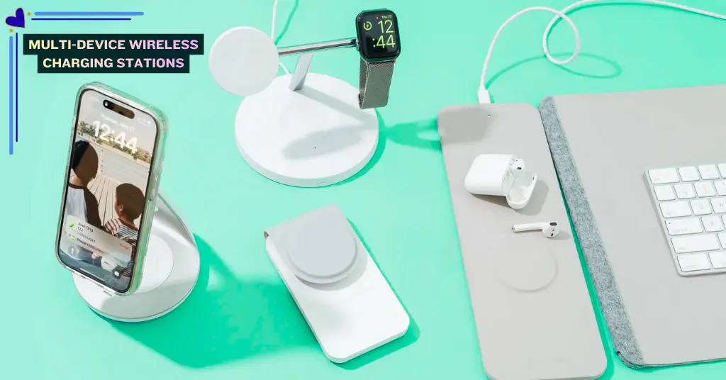 Multi-device wireless charging station with smartphone, smartwatch, and earbuds on a 3-in-1 pad, showcasing the best wireless chargers for home, office, and travel use